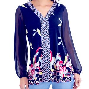 JM Collection Border Print Sheer Sleeve Blue floral shirt